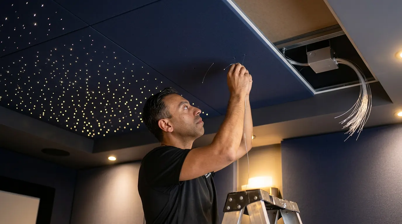 Kam from Excalibur Design installing a fibre-optic star ceiling