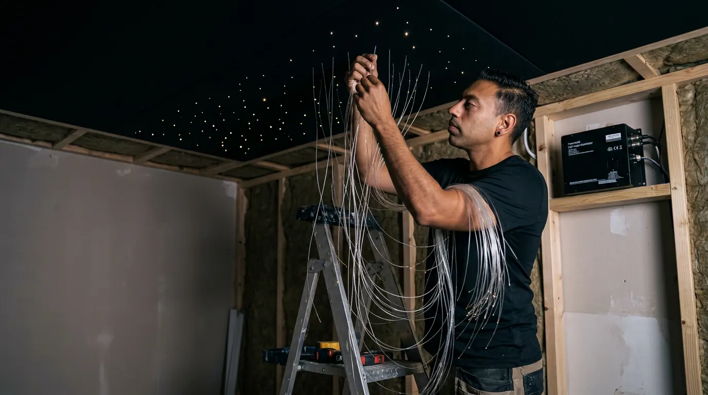 Hand-threading fibre-optic strands into a star ceiling panel