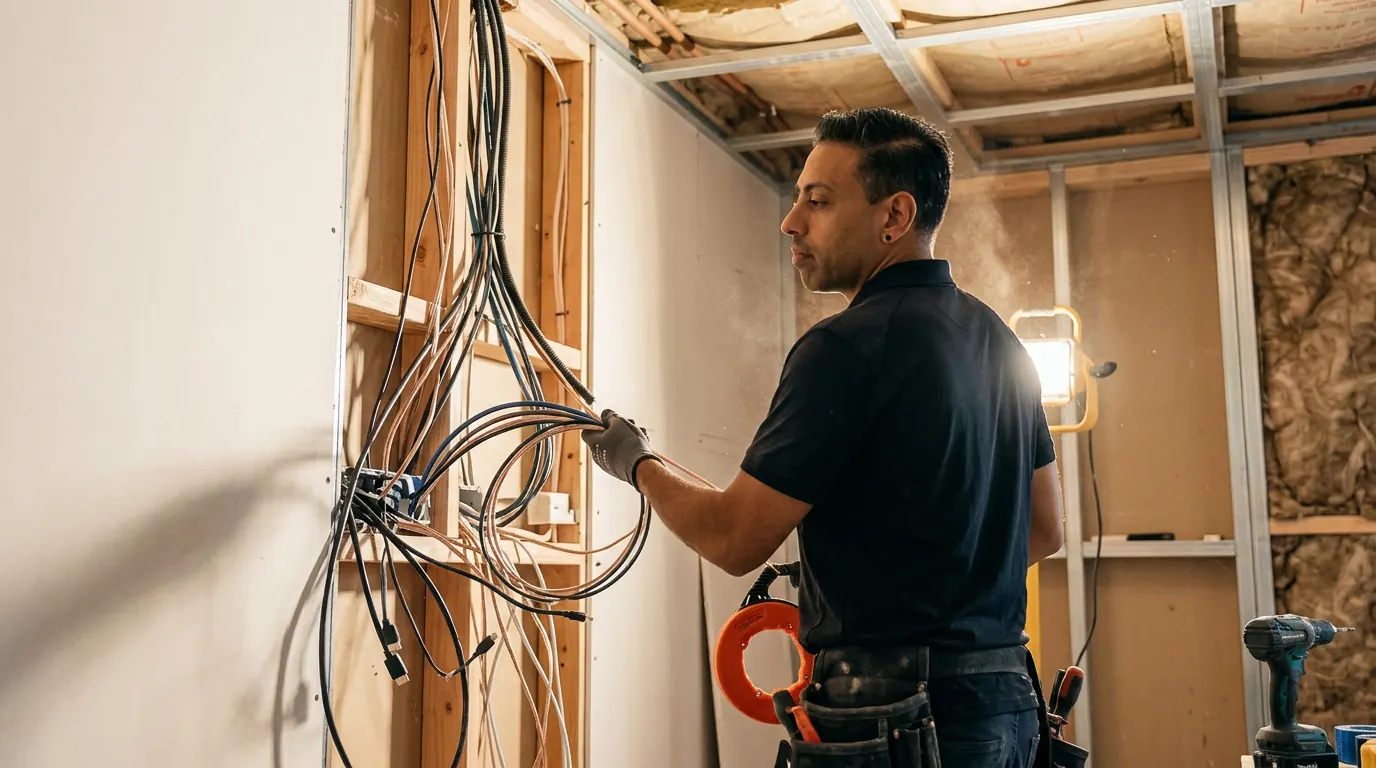 Kam running cabling inside an open wall during a home theatre install